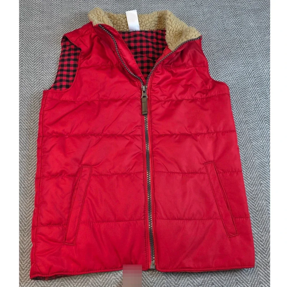 Carters Kid Red Puffer Vest Sherpa Collar Buffalo Plaid Lining Size 7 3J219010